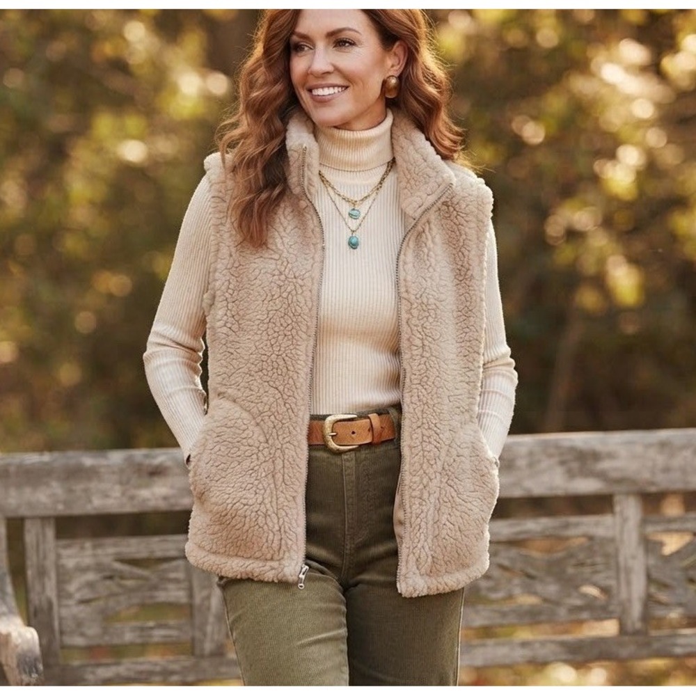 Sheep By The Sea Vest Womens 100% Wool Sherpa Nordic Deep Pile Zip Up Sz Medium